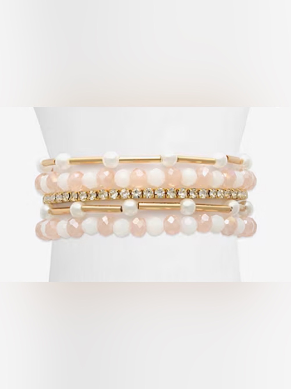 Gold Accent Pink and White Beaded Stretch Bracelet Stack